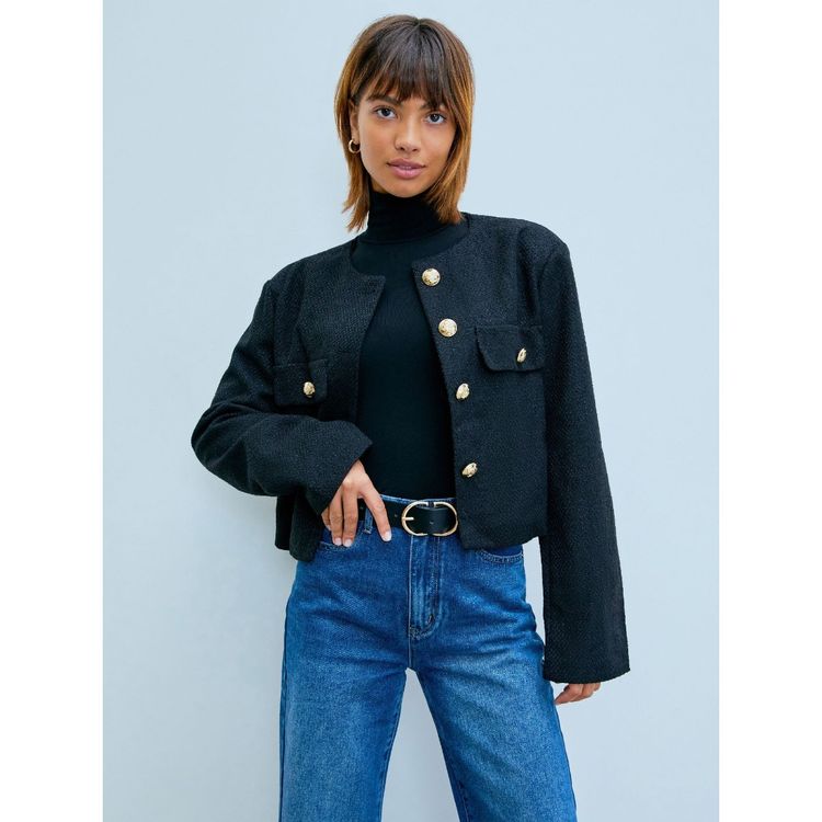 Cider Tweed Button Crew Neck Jacke Black Women's Jacket with Gold Buttons