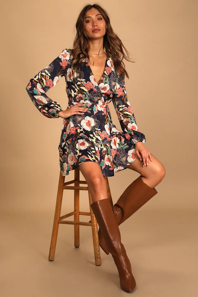 Sz XS Lulus So Splendid Navy Blue Floral Satin Long Sleeve Wrap Dress
