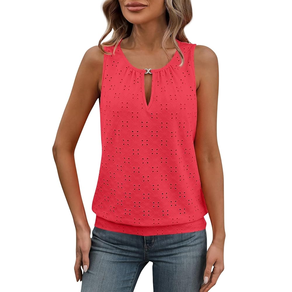 Sz XL ladies eyelet embroidery tank top sleeveless Vermillion
