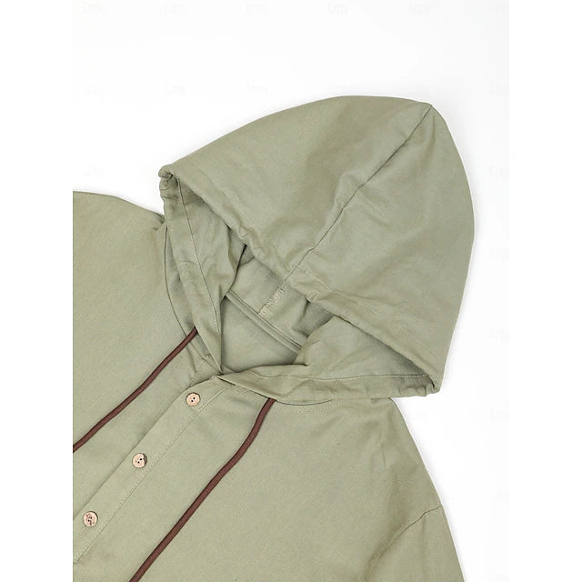 Sz XL Ouku Men's Shirt Linen Shirt Calico Shirt Hooded Shirt Plain Casual green