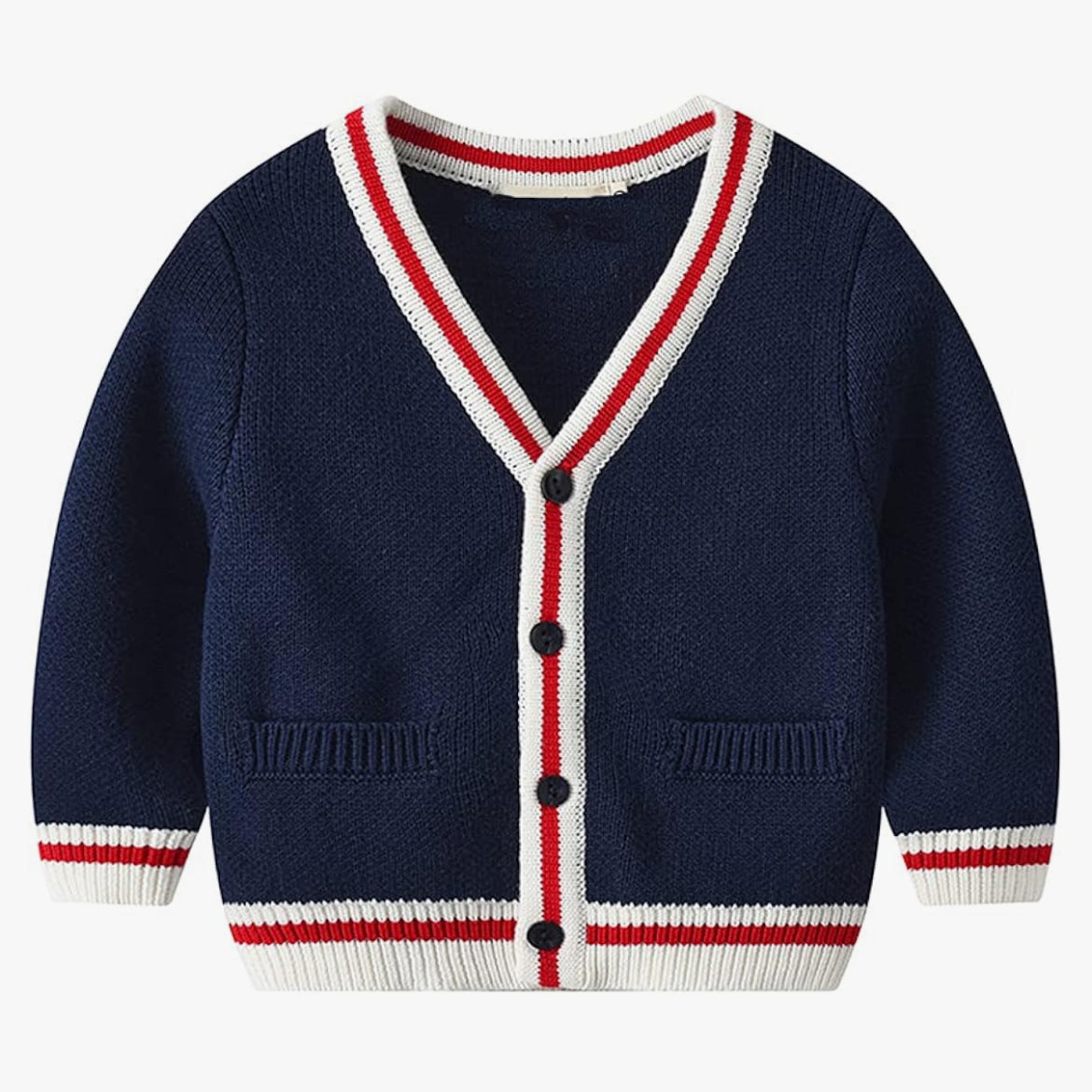 boys Navy Blue Kids Cardigan knit with Red and White Trim