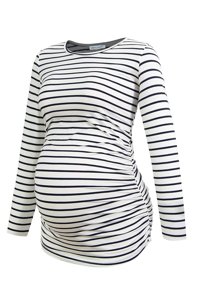 Sz M Ekouaer Women's Black and White Striped Maternity Top Longsleeve