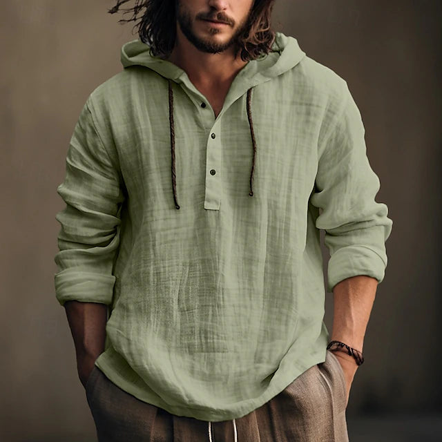 Sz XL Ouku Men's Shirt Linen Shirt Calico Shirt Hooded Shirt Plain Casual green