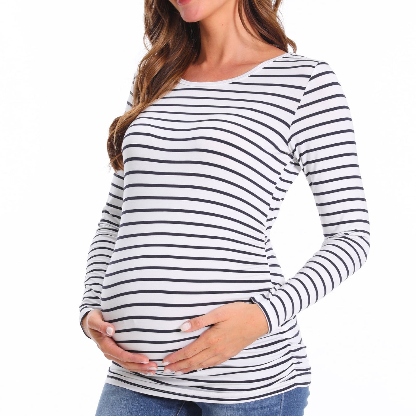 Sz M Ekouaer Women's Black and White Striped Maternity Top Longsleeve