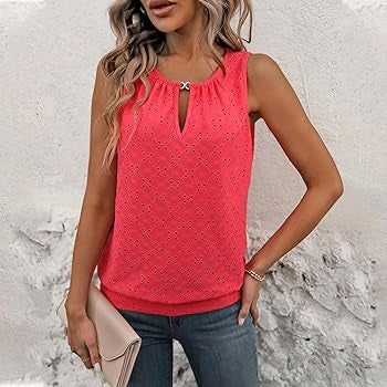 Sz XL ladies eyelet embroidery tank top sleeveless Vermillion