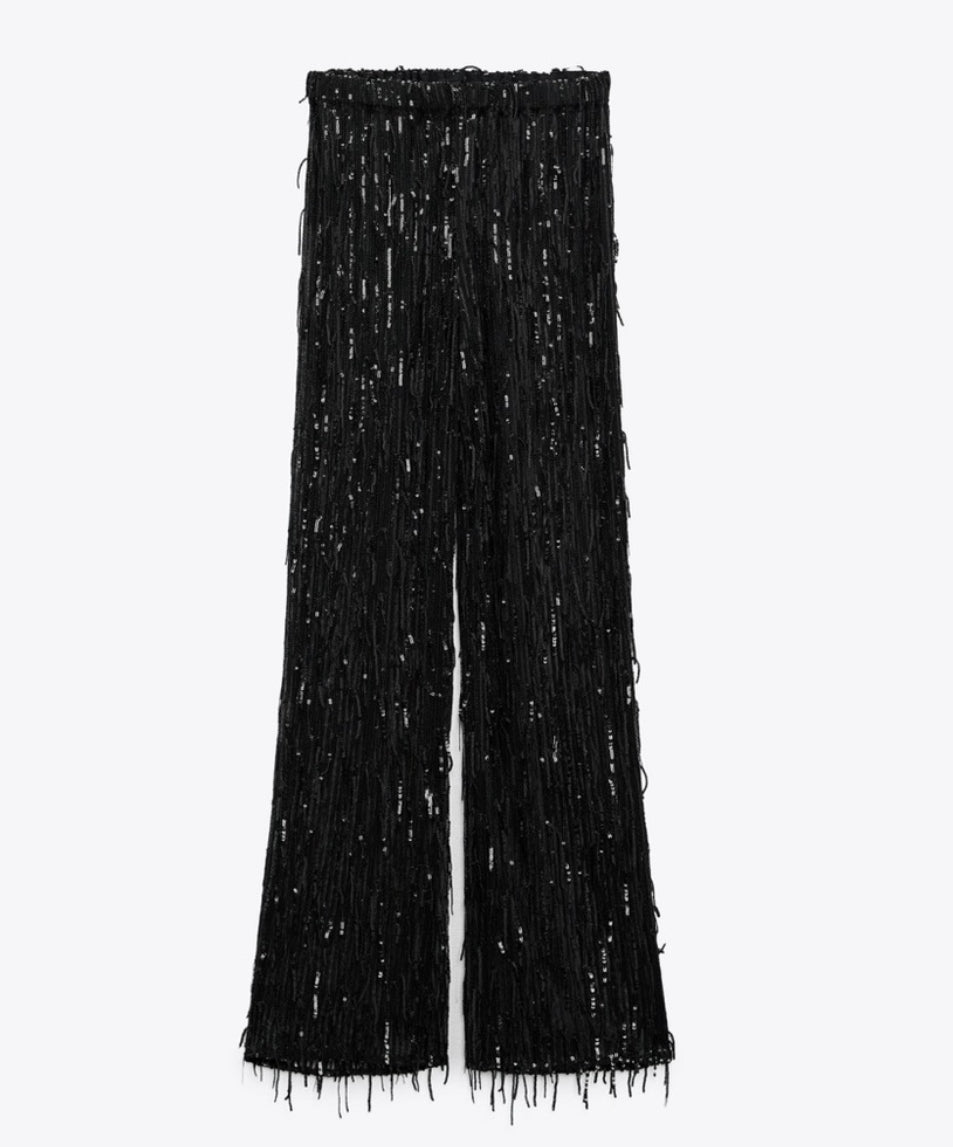 Size US small Zara women Flare Fit fringe women black transparent Sparkling/sequins pants/leggings