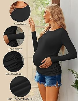 Sz M Ekouaer Maternity Long Sleeve Pregnancy Top crew neck Ribbed Side Ruched