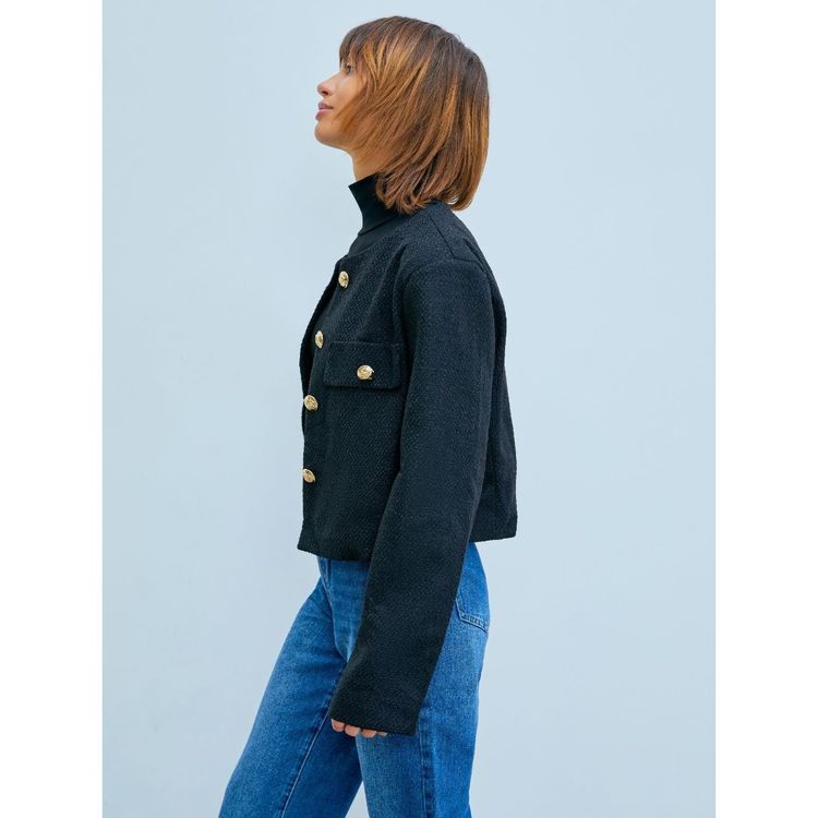 Cider Tweed Button Crew Neck Jacke Black Women's Jacket with Gold Buttons