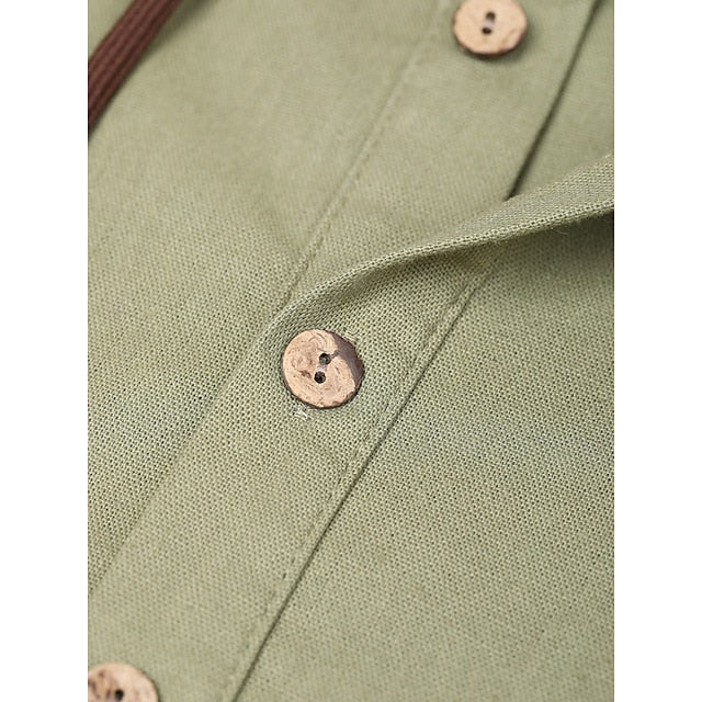 Sz XL Ouku Men's Shirt Linen Shirt Calico Shirt Hooded Shirt Plain Casual green