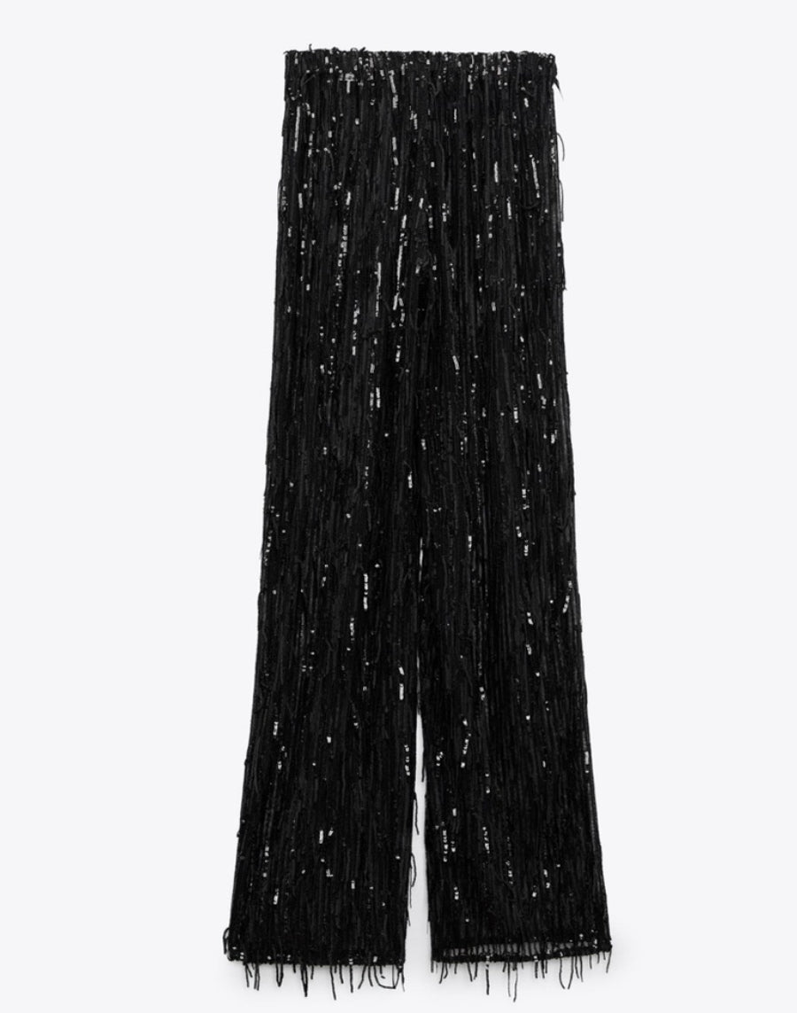 Size US small Zara women Flare Fit fringe women black transparent Sparkling/sequins pants/leggings