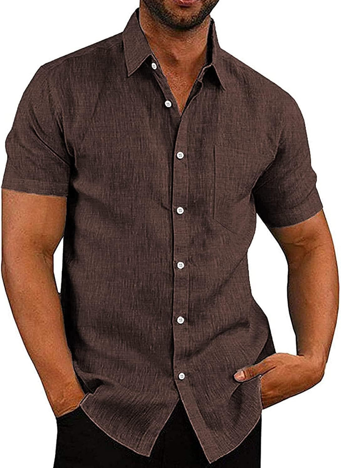 COOFANDY Men's Casual Linen Shirt Short Sleeve Button Down Dress Shirt coffee