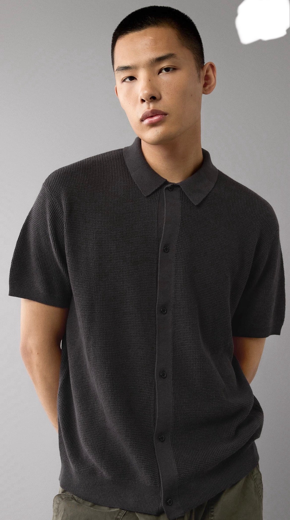 men waffle button up sweater Polo shirt black