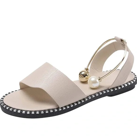 Sandals for Women Summer Casual Comfort Pearl Buckle Open Toe Flat