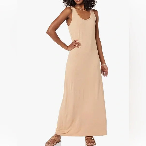 Sz Medium Amazon Essential Women's Tank Maxi Dress Light camel