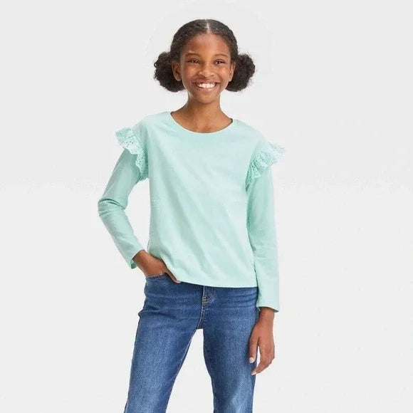 Girls Long Sleeve Eyelet T-Shirt Mint Green