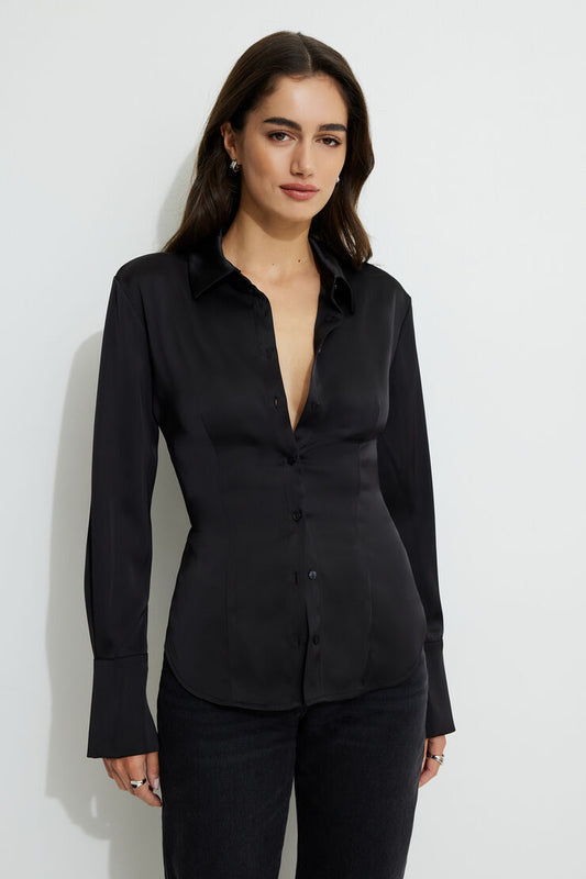 Size  Medium Dynamite Eva Cinched Satin Shirt Elegant Black Women's Top