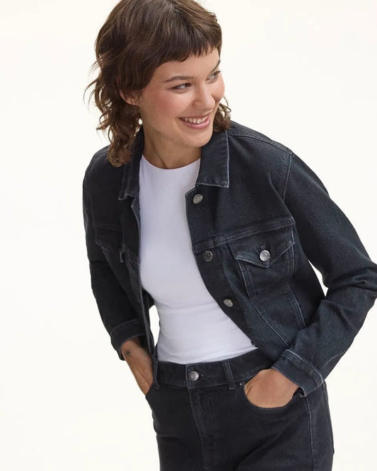 Sz US L Reitmans denim jacket black button up long sleeve,collar