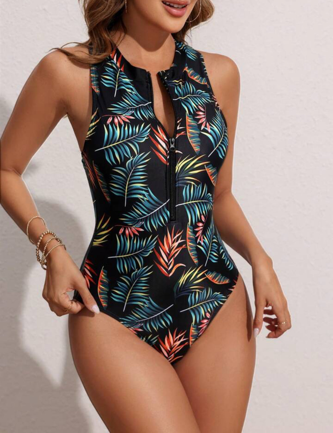 Sz S (4)SHEIN woman’s swim Lushoire sleeveless one piece leaf print swimsuit stretchy