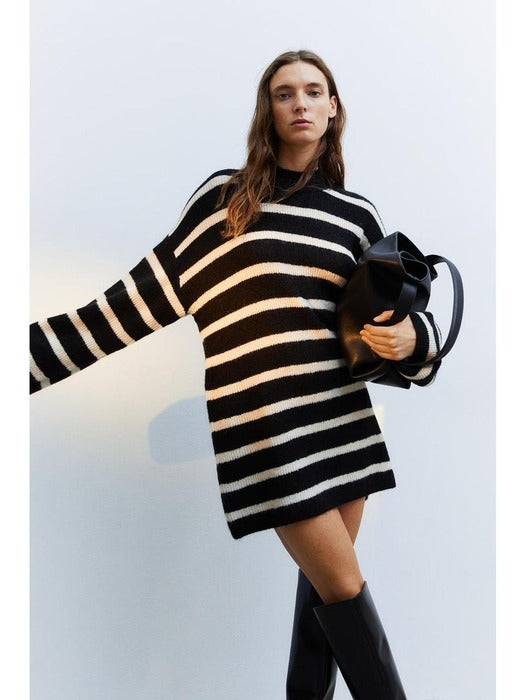 Sz S H&M Knit Dress Black/Stripe woman Striped Black and White Sweater midi Dress