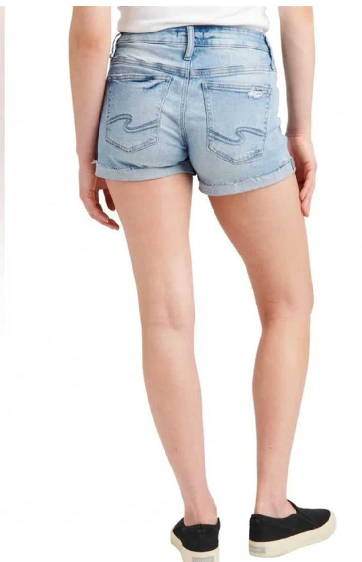Sz W25 L4 women Silver Jeans Co. Boyfriend Mid Rise Short with small rips