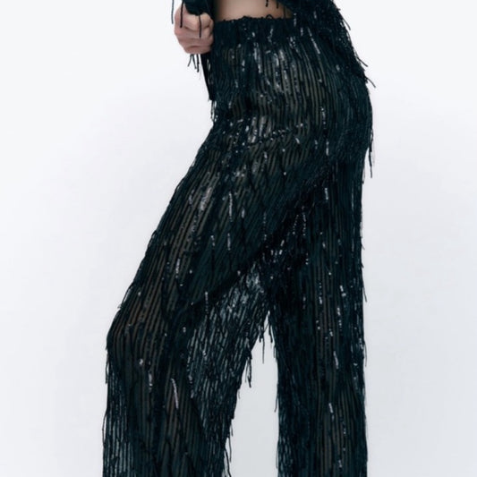 Size US small Zara women Flare Fit fringe women  black transparent Sparkling/sequins pants/leggings