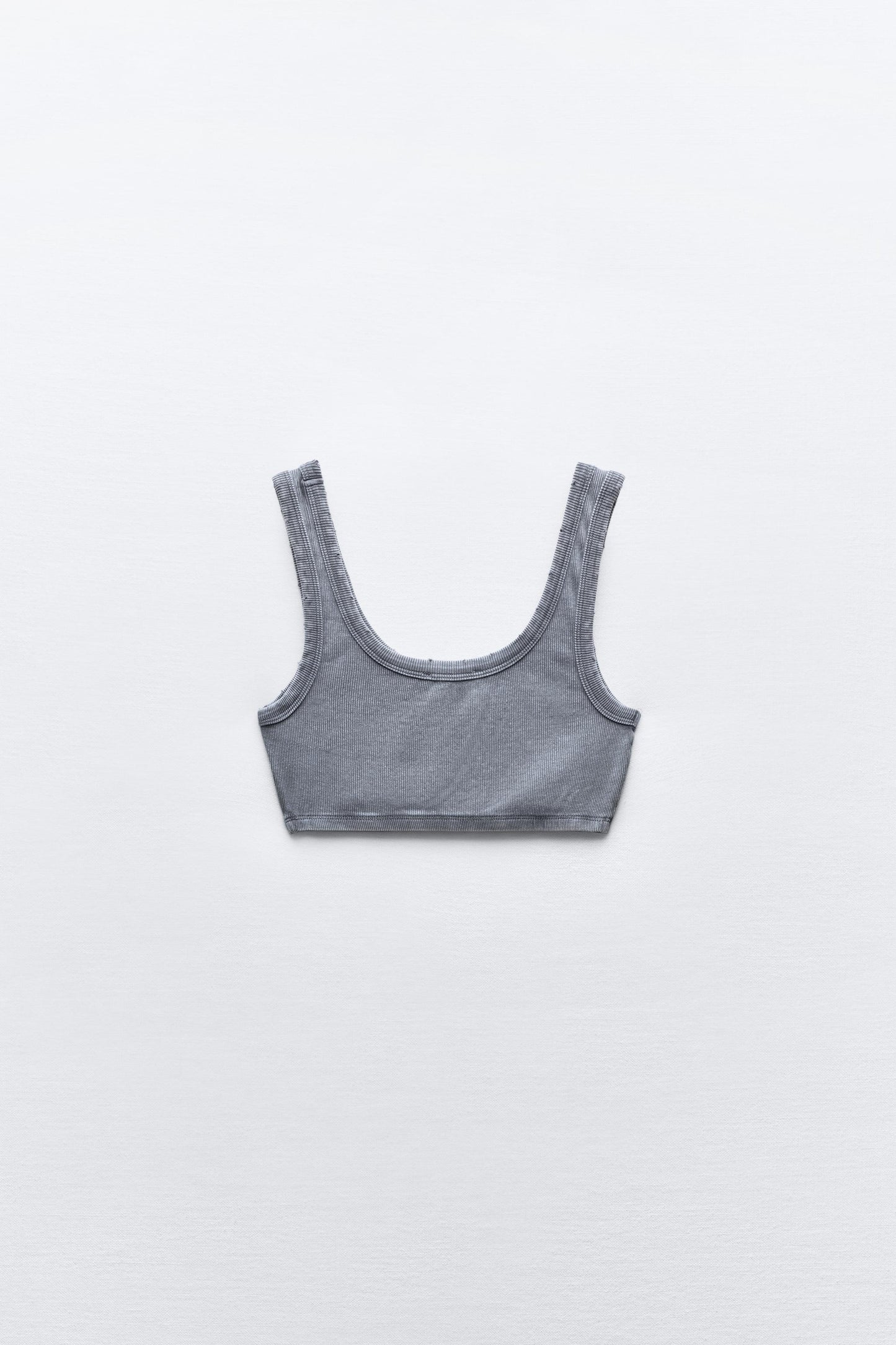 Sz M Zara FADED-EFFECT RIBBED CROP TOP WITH RIPS Light blue NWT