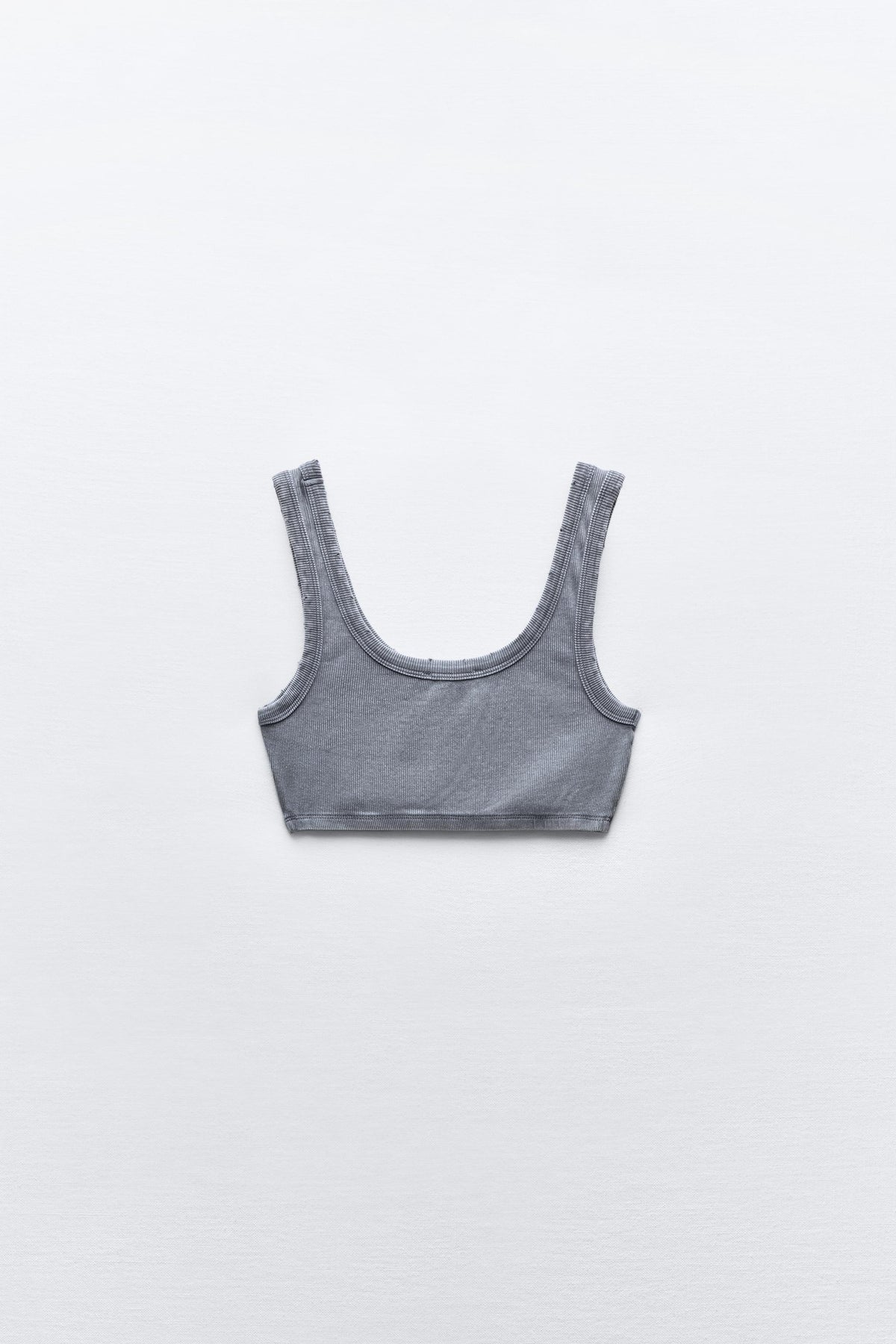 Sz M Zara FADED-EFFECT RIBBED CROP TOP WITH RIPS Light blue NWT