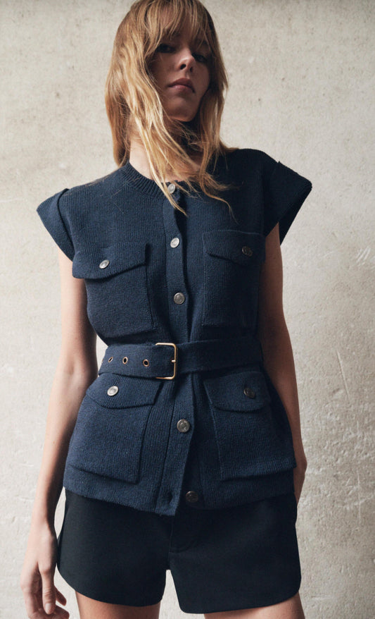 Sz M woman oversized knit vest Stylish Black Sleeveless Belted Vest navy blue