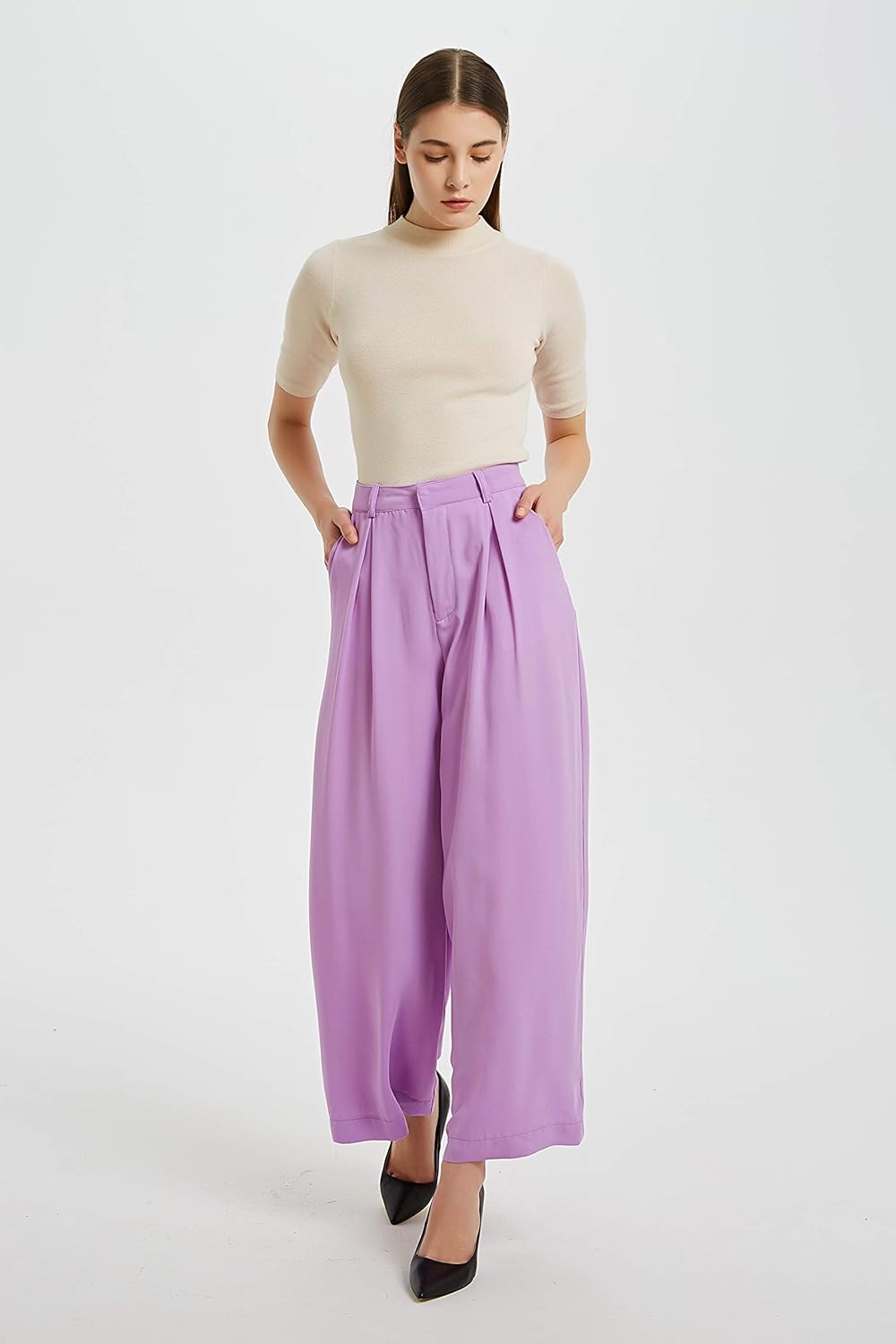 Tronjori Wide-Leg Women's Pants Lilac Tronjori Women High Waist Casual