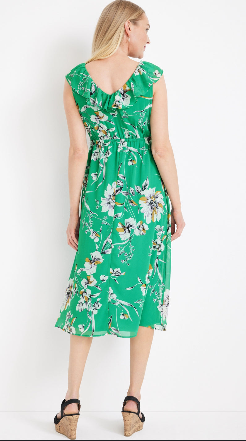 Sz Medium Maurice’s Floral Ruffle Trim Midi Dress