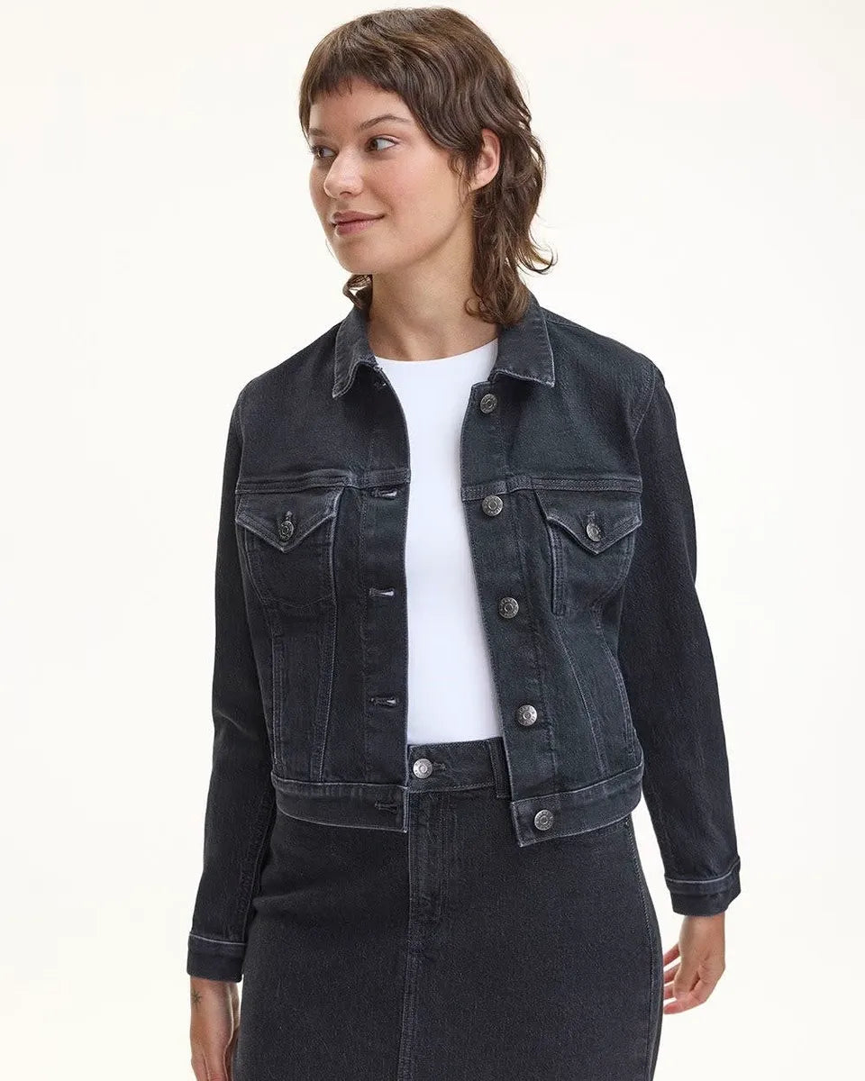 Sz US L Reitmans denim jacket black button up long sleeve,collar