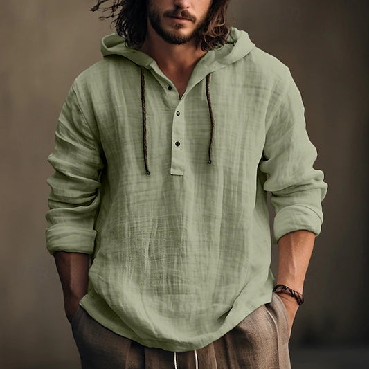 Sz XL Ouku Men's Shirt Linen Shirt Calico Shirt Hooded Shirt Plain Casual green
