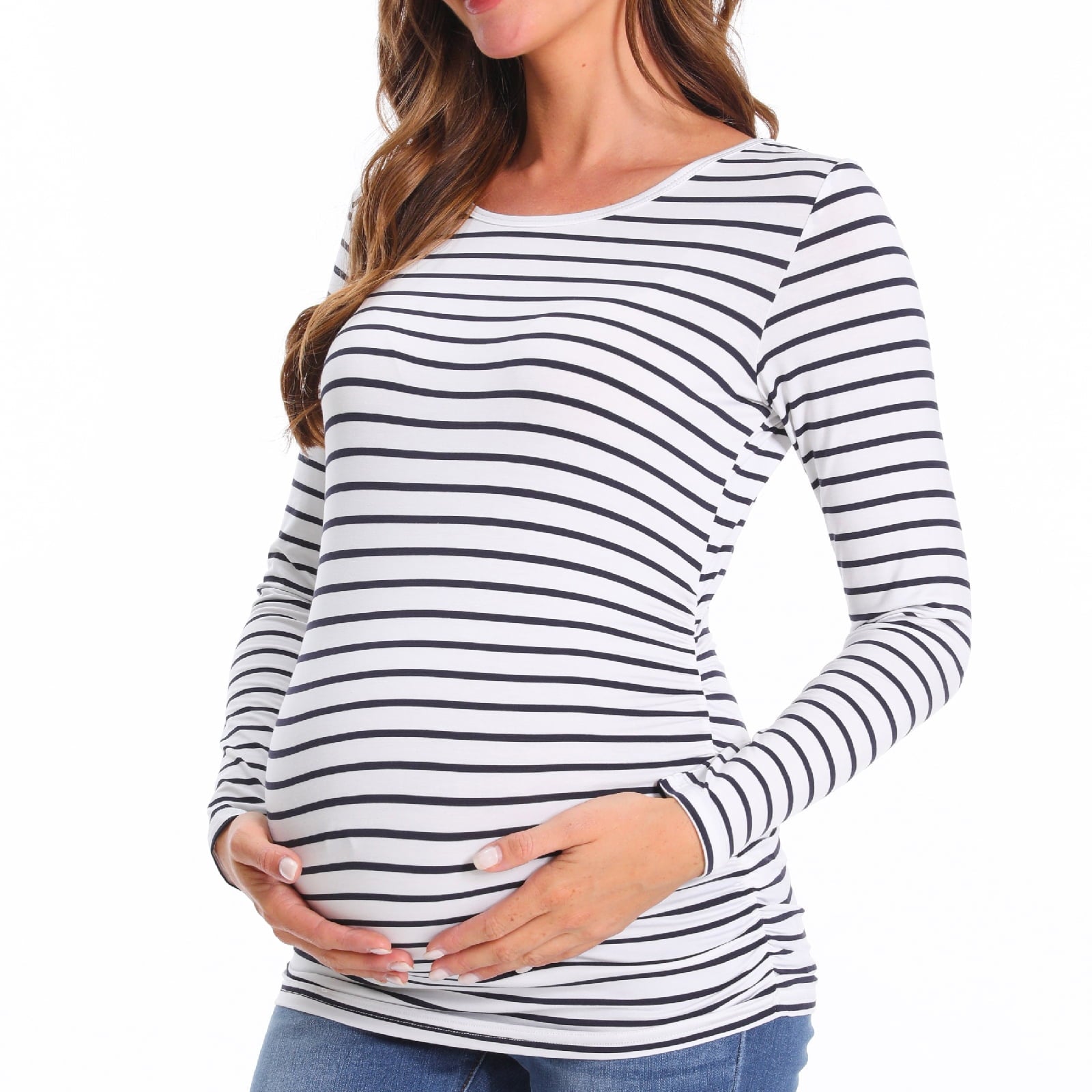 Sz M Ekouaer Women's Black and White Striped Maternity Top Longsleeve