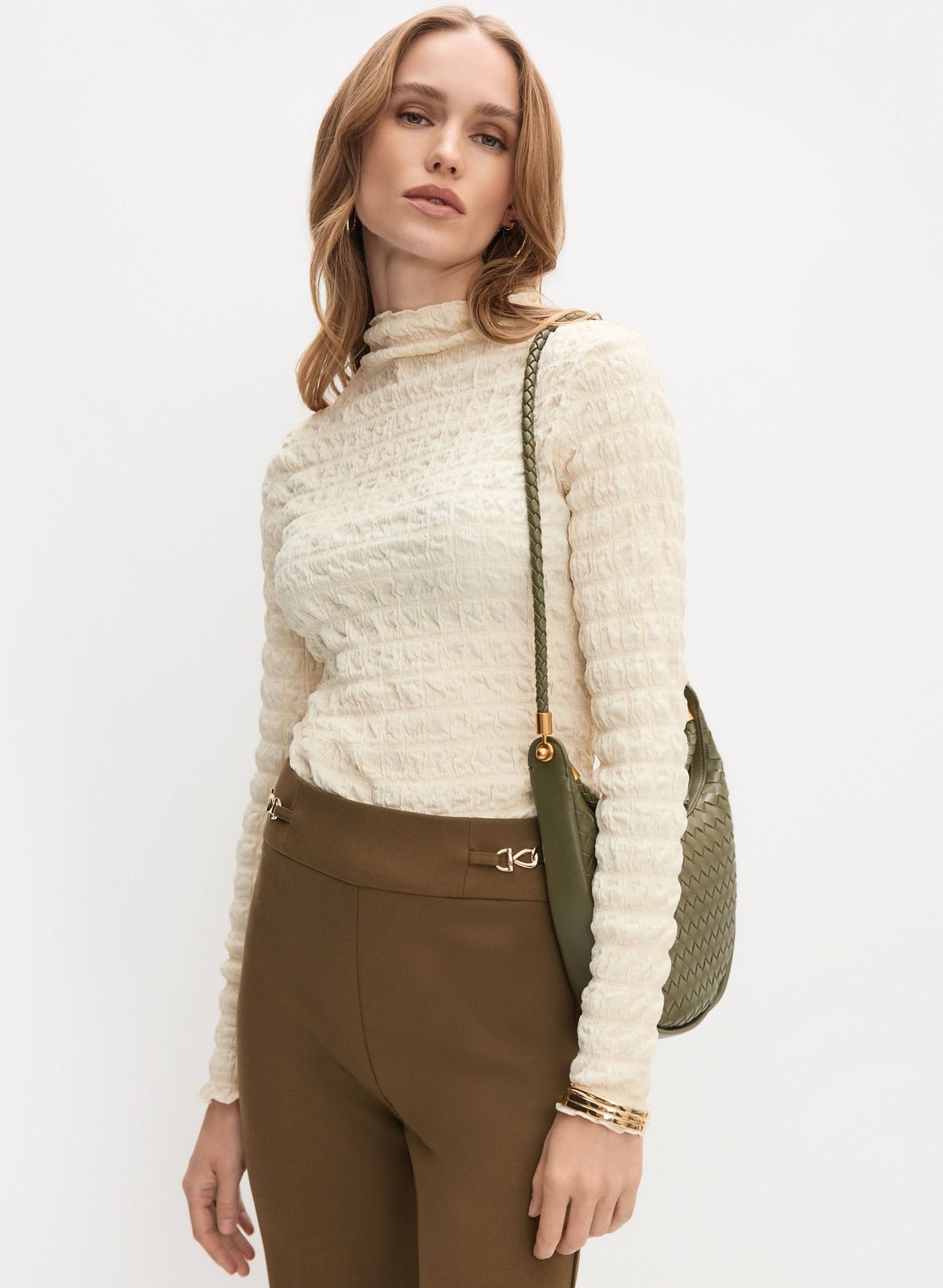 Sz XL Melanie Lyne Long-Sleeve Cream Textured Funnel  neck  Sweater