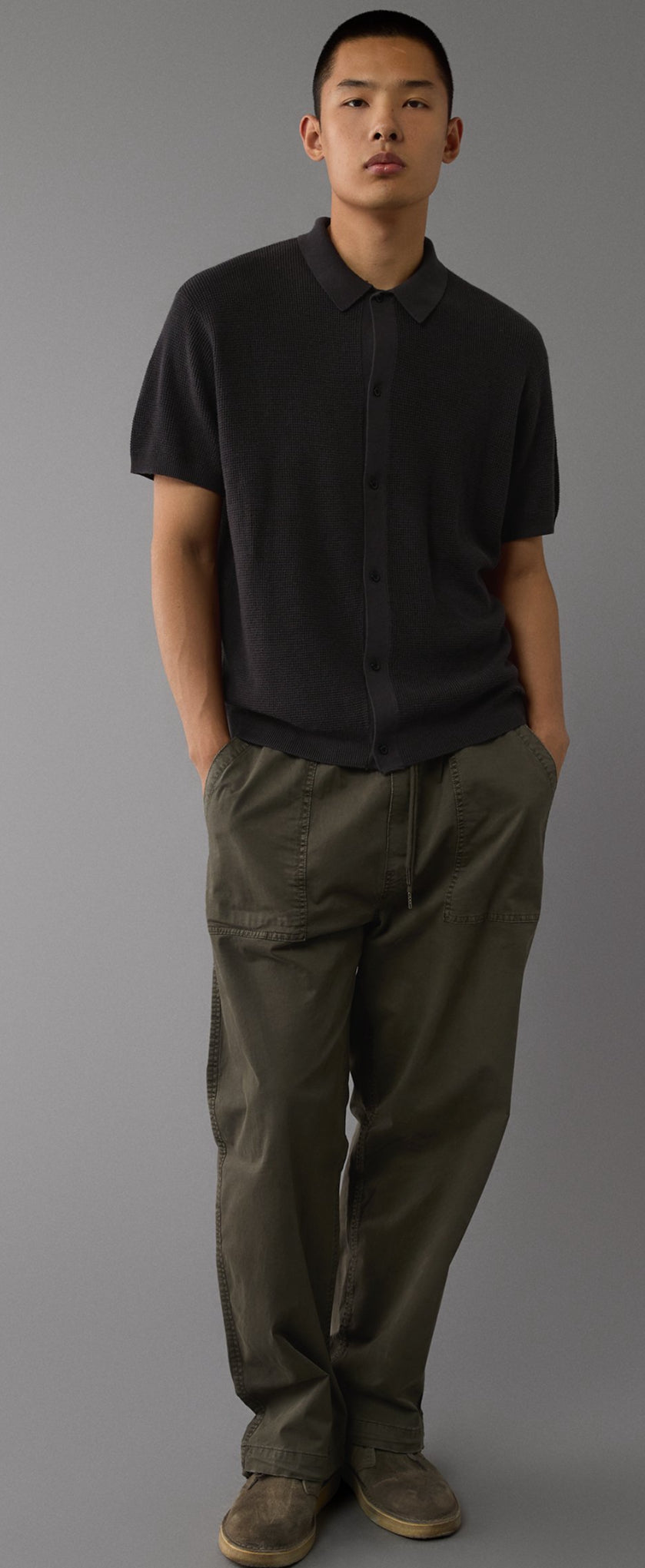 men waffle button up sweater Polo shirt black