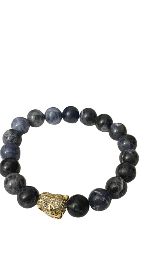 Handmade 12mm blue sodalite bead bracelet with tiger eye charm