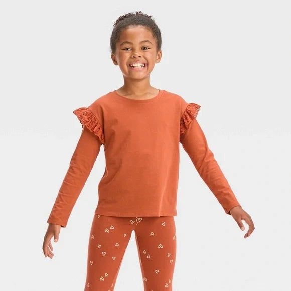 Girls Long Sleeve Eyelet T-Shirt Chestnut Orange